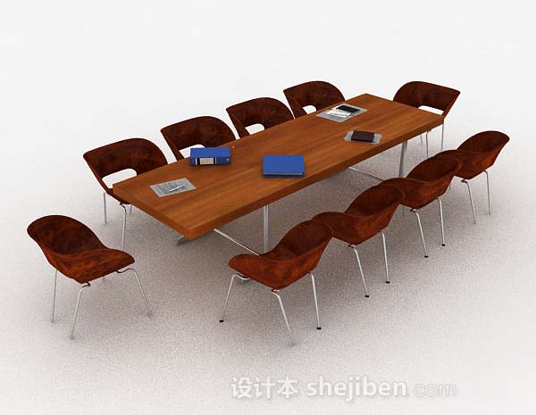 棕色木质会议桌椅组合3d模型下载