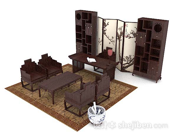 中式风格中式复古木质棕色桌椅组合3d模型下载