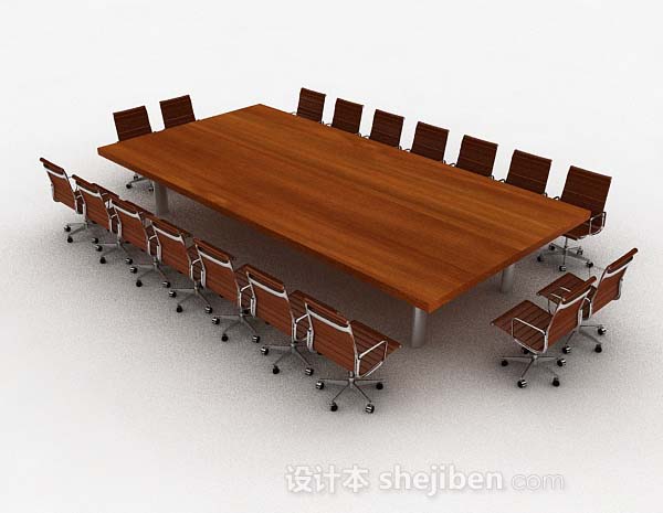 现代风格长方形棕色木质办公桌椅3d模型下载