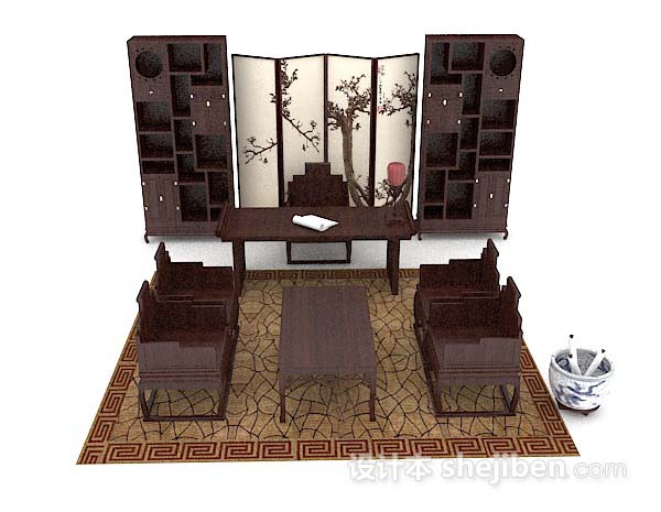 中式复古木质棕色桌椅组合3d模型下载