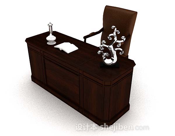 免费深棕色木质高档书桌3d模型下载