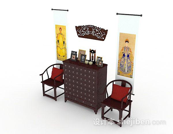 中式风格中式木质桌椅组合3d模型下载