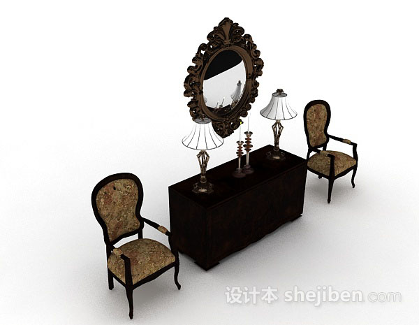 欧式木质棕色桌椅组合3d模型下载