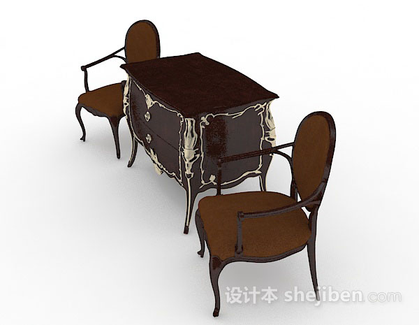 免费欧式木质棕色桌椅组合3d模型下载