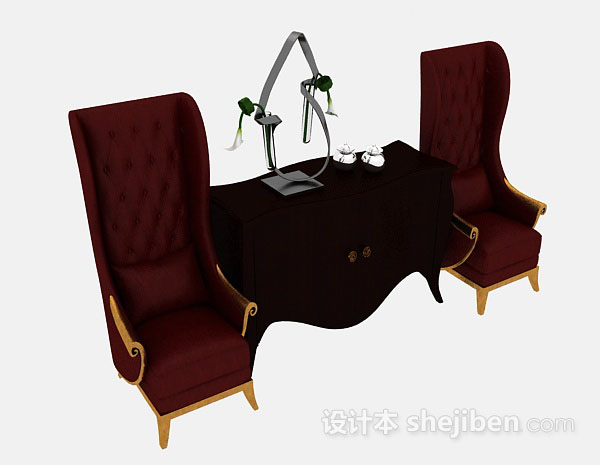 欧式红色木质桌椅3d模型下载