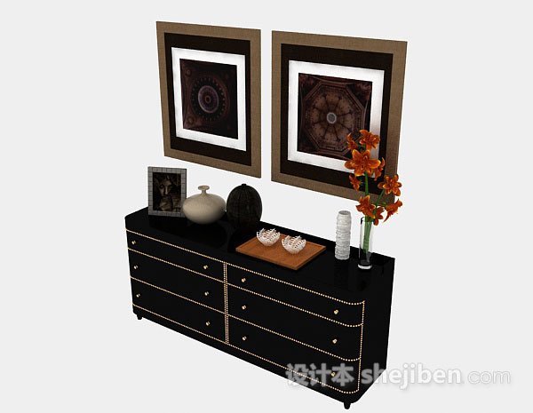 免费黑色木质装饰厅柜3d模型下载