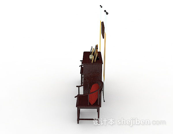 设计本中式木质桌椅组合3d模型下载