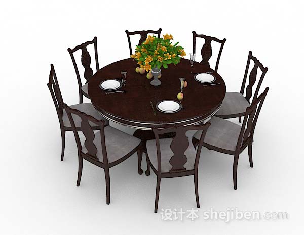 棕色木质圆形餐桌椅3d模型下载