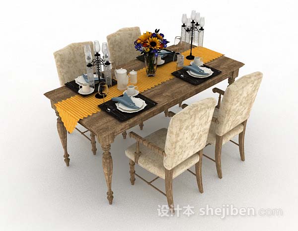 欧式风格欧式木质棕色餐桌椅3d模型下载