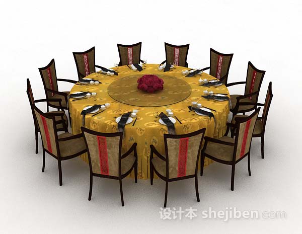 中式风格中式圆形黄色餐桌椅3d模型下载