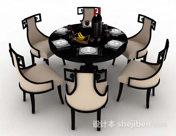 设计本新中式圆形木质餐桌椅3d模型下载