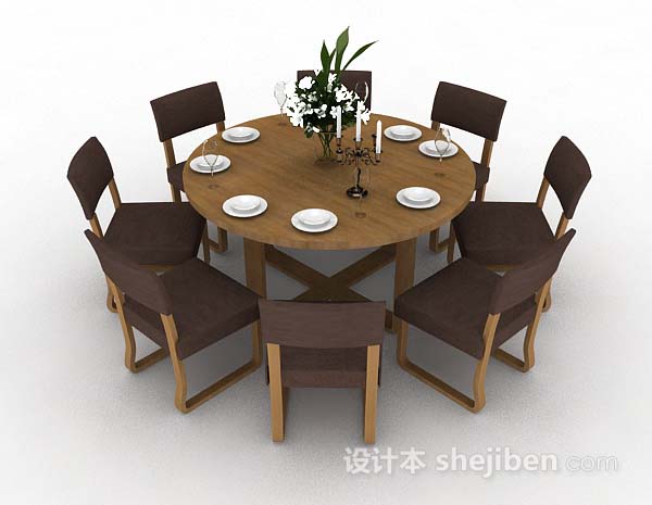 棕色木质圆形餐桌椅3d模型下载