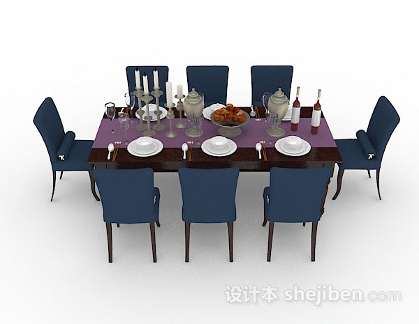 免费蓝色木质餐桌椅3d模型下载