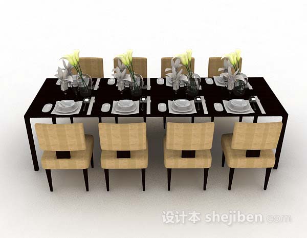 现代风格简约棕色木质餐桌椅3d模型下载