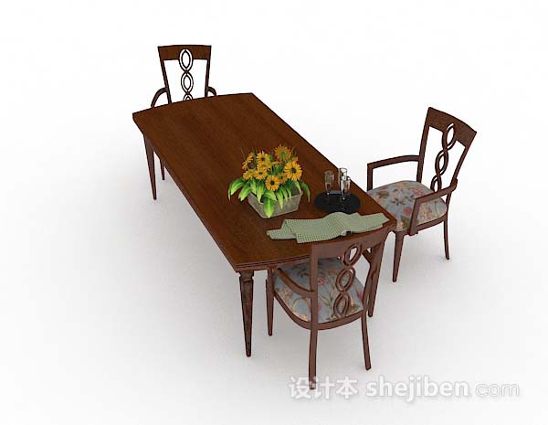 现代风格复古木质棕色餐桌椅3d模型下载