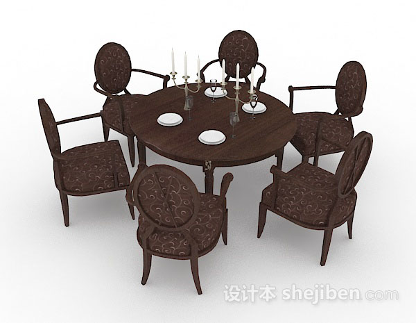 免费圆形木质深棕色餐桌椅3d模型下载