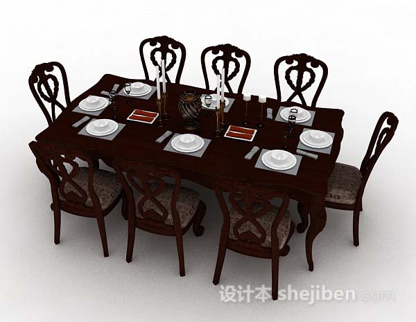 免费新中式棕色木质餐桌椅3d模型下载