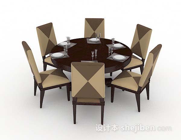 现代风格棕色圆形餐桌椅3d模型下载