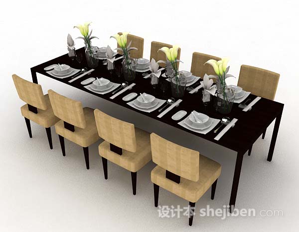 免费简约棕色木质餐桌椅3d模型下载