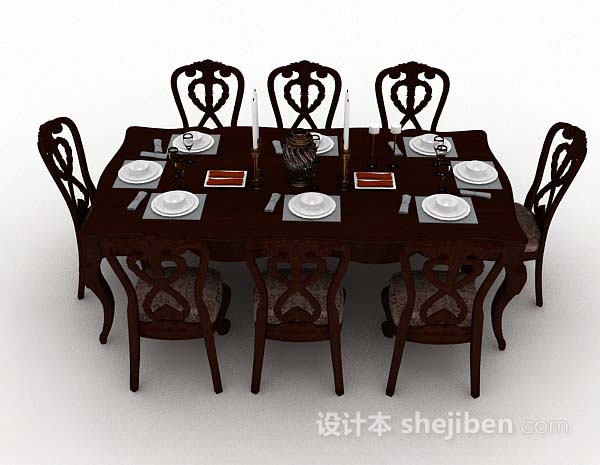 设计本新中式棕色木质餐桌椅3d模型下载