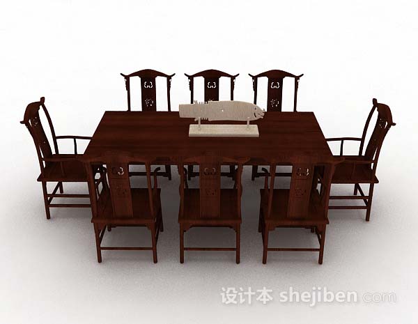 中式风格中式木质棕色餐桌椅3d模型下载