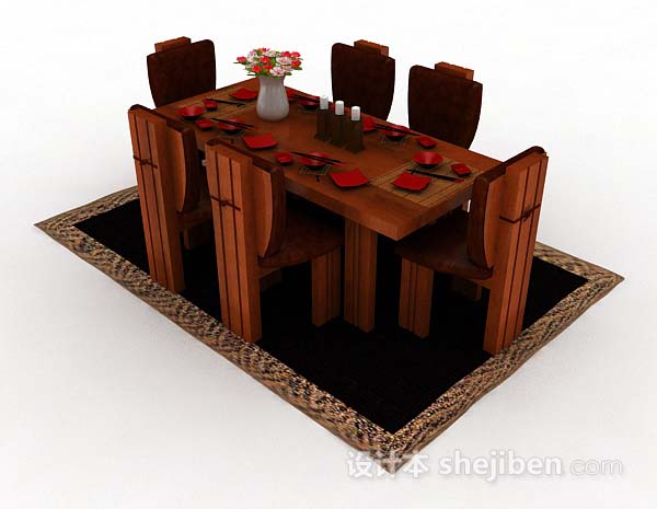 日式棕色木质餐桌椅3d模型下载