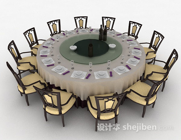 中式风格新中式圆形餐桌椅3d模型下载