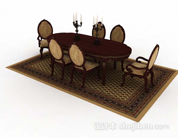 免费欧式复古棕色餐桌椅3d模型下载