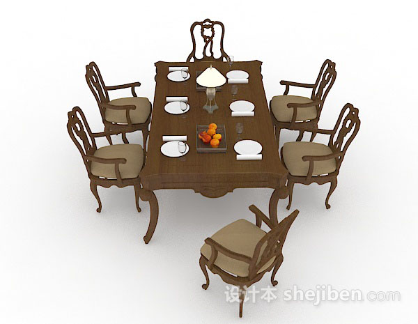 设计本欧式简约棕色桌椅组合3d模型下载