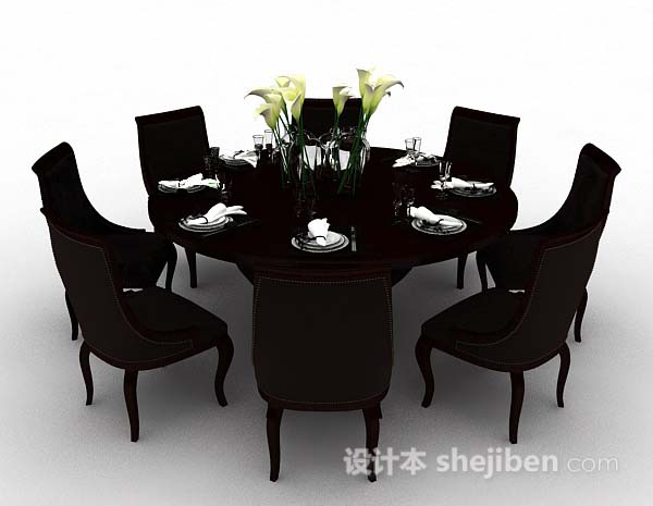 免费深棕色圆餐桌椅3d模型下载