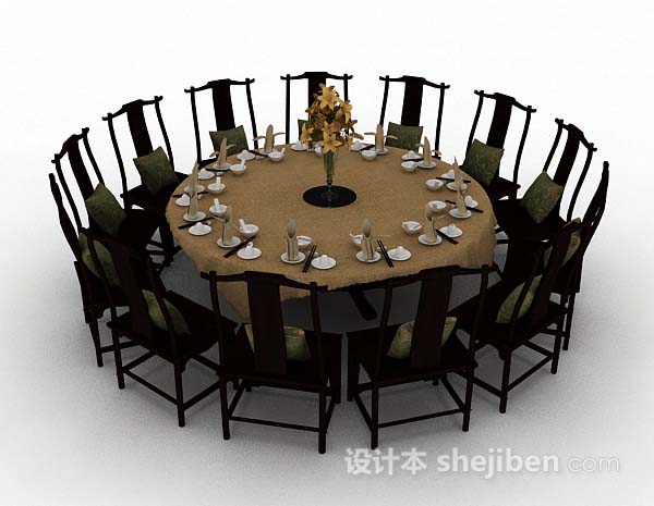 中式风格中式木质棕色圆餐桌椅3d模型下载