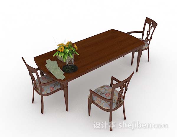 复古木质棕色餐桌椅3d模型下载