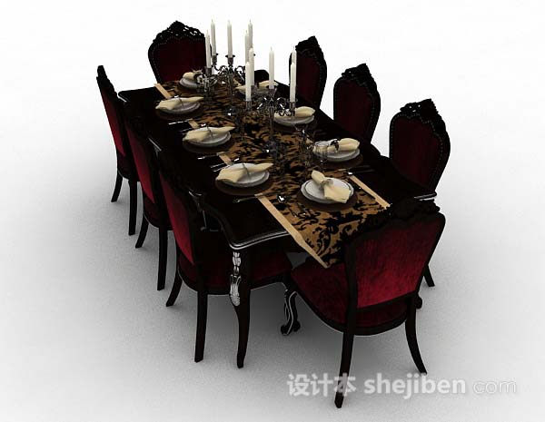设计本欧式红色餐桌椅3d模型下载