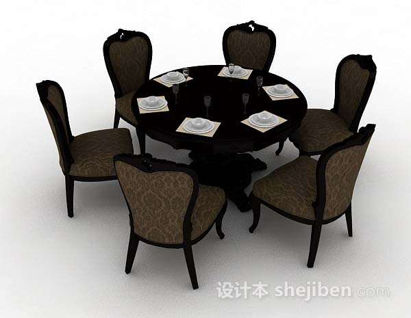 免费欧式深棕色木质餐桌椅3d模型下载