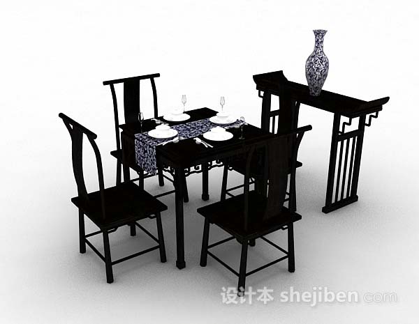 中式风格中式木质餐桌椅3d模型下载