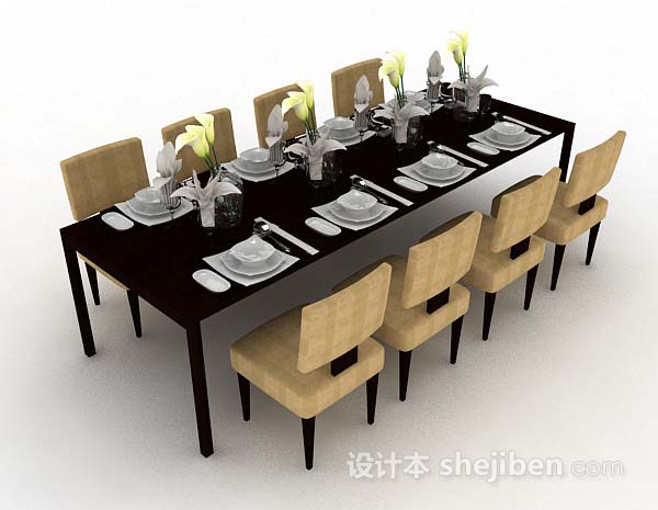 简约棕色木质餐桌椅3d模型下载