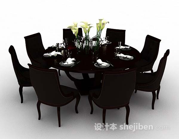 现代风格深棕色圆餐桌椅3d模型下载