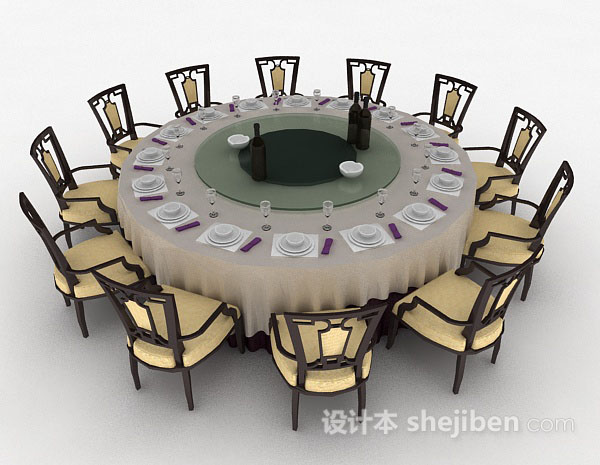 免费新中式圆形餐桌椅3d模型下载