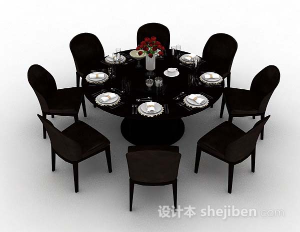 深棕色圆形餐桌椅3d模型下载