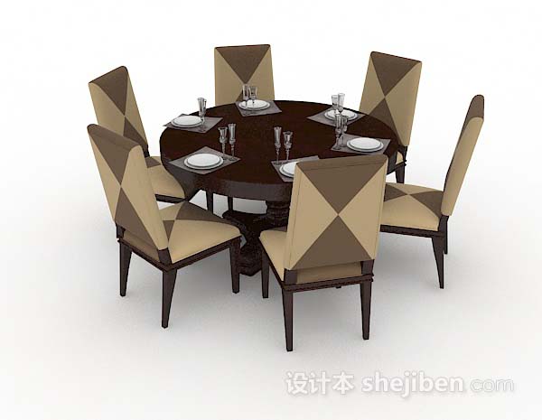 免费棕色圆形餐桌椅3d模型下载