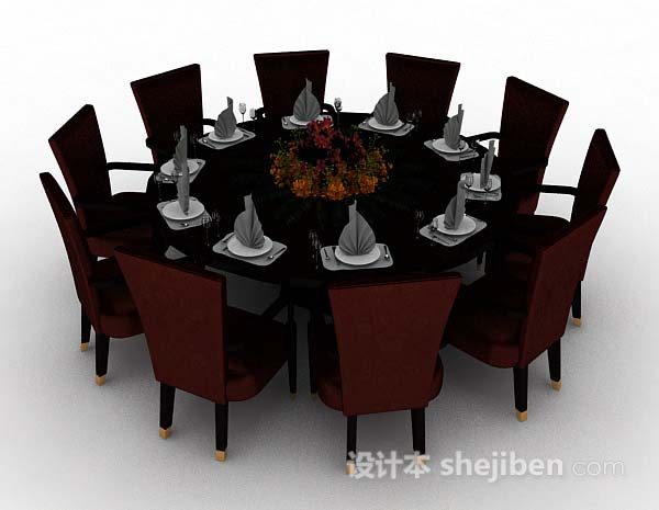 深棕色圆形餐桌椅3d模型下载