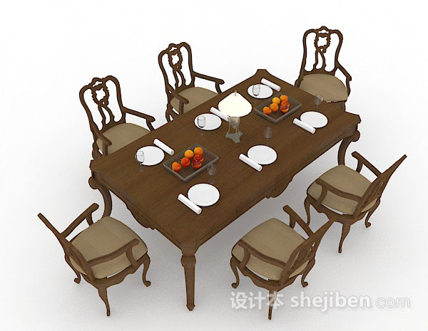 欧式简约棕色桌椅组合3d模型下载