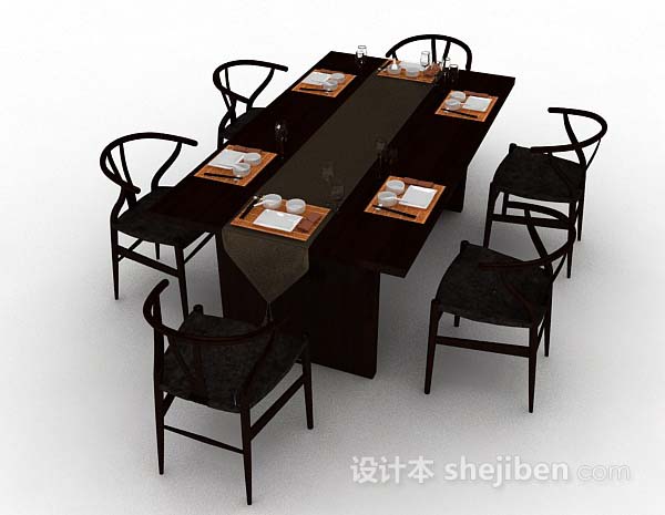 设计本中式木质棕色餐桌椅3d模型下载