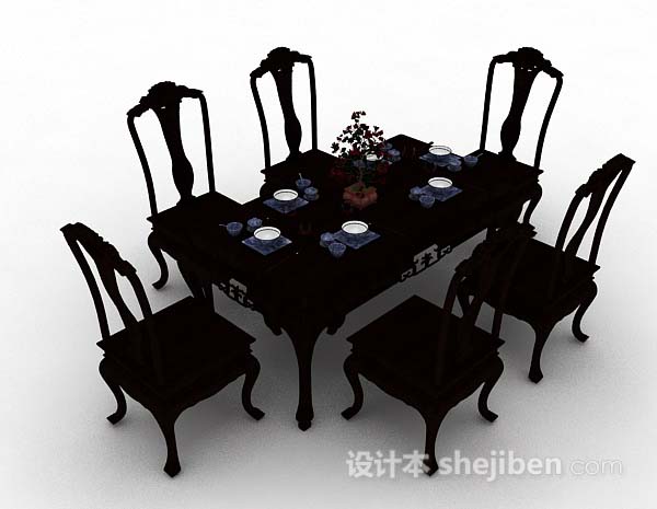 中式木质餐桌椅3d模型下载