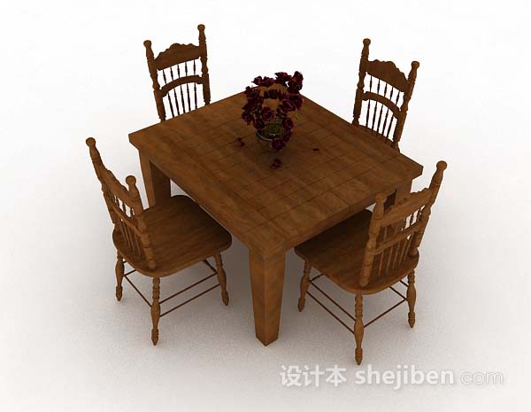 田园风格田园棕色木质餐桌椅3d模型下载