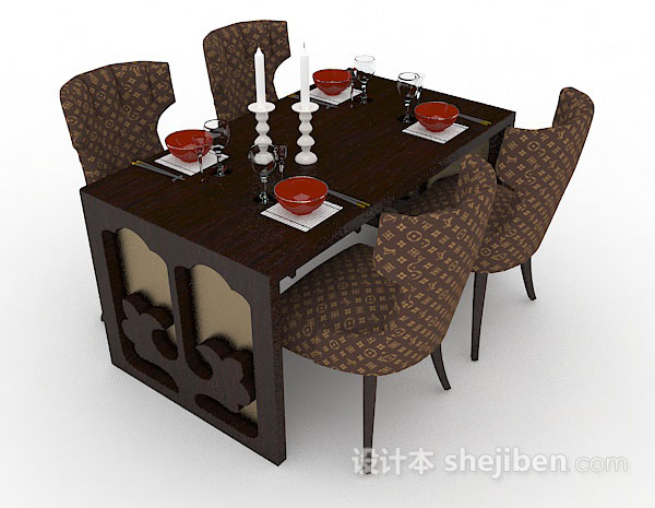 现代风格深棕色餐桌椅3d模型下载
