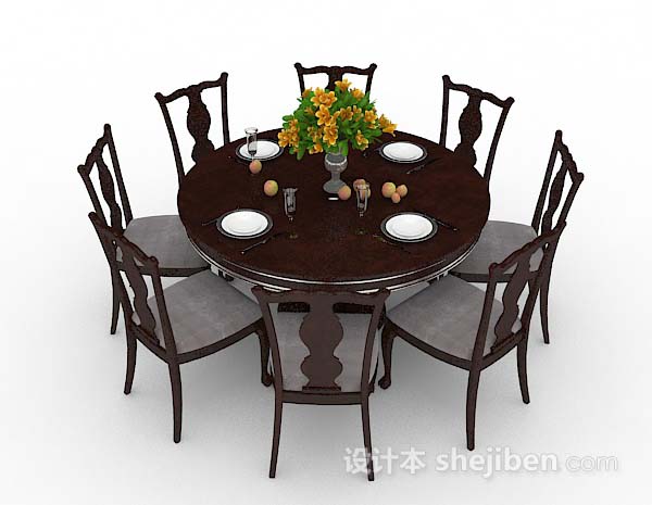 免费棕色木质圆形餐桌椅3d模型下载