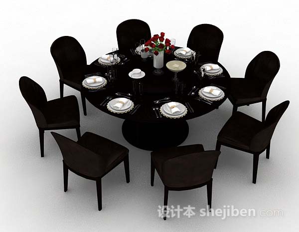 设计本深棕色圆形餐桌椅3d模型下载