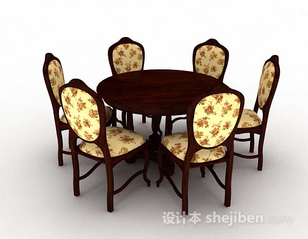 现代风格棕色木质圆餐桌椅3d模型下载