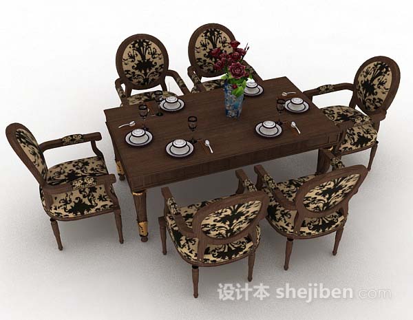 设计本花纹棕色木质餐桌椅3d模型下载